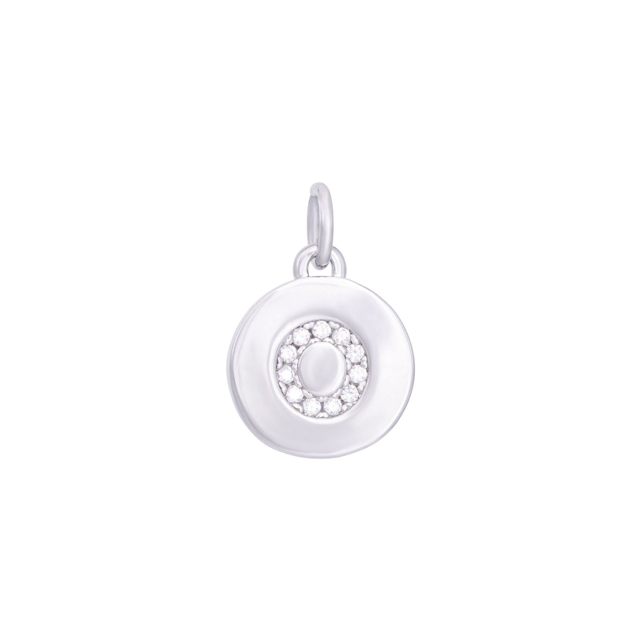 The Ends' Silver Zircon Letter Coin Charm (A) features a circular pendant with the letter "A" debossed, accented with zircons at the center, and includes a loop at the top for easy attachment to a necklace.