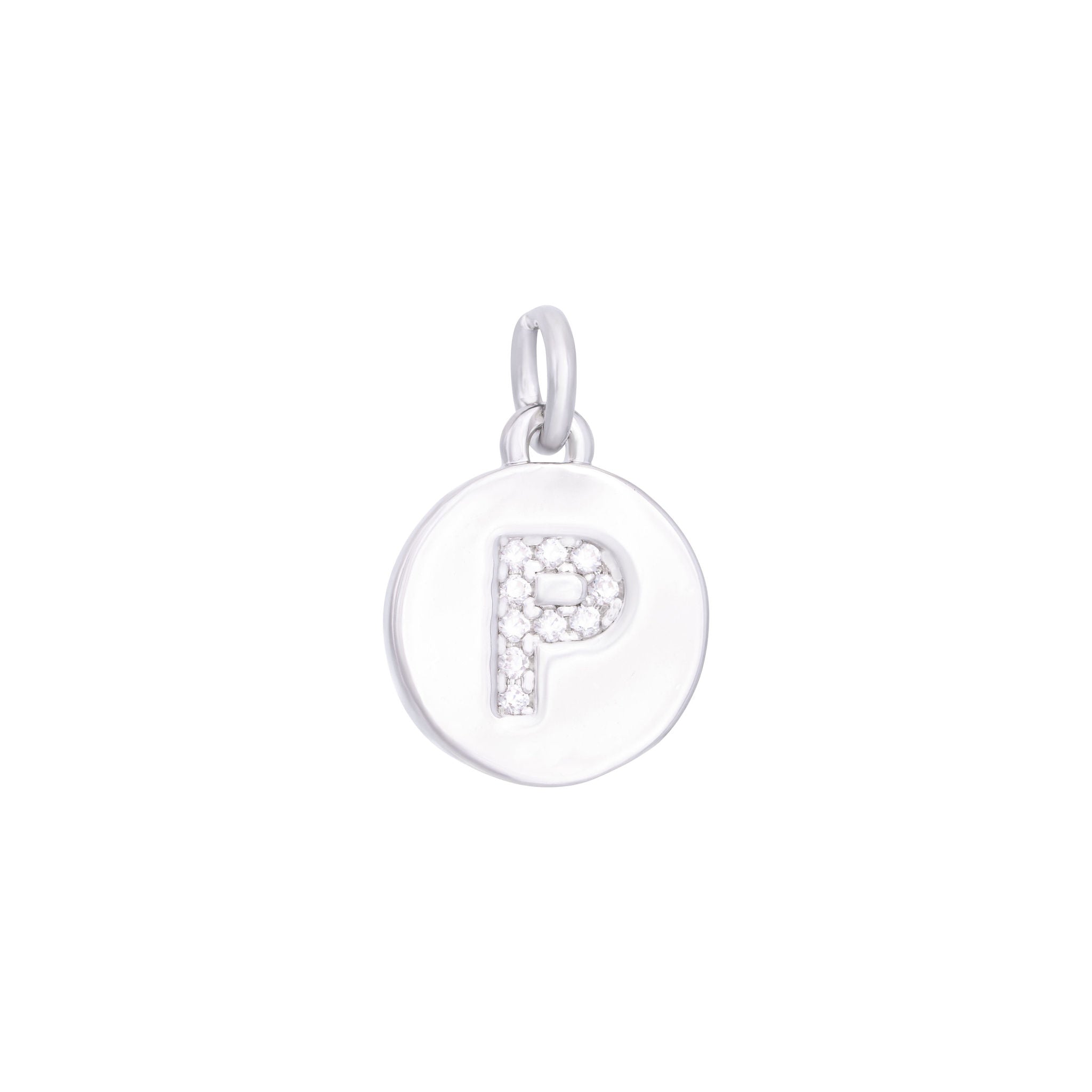 The Ends' Silver Zircon Letter Coin Charm (A) features a circular pendant with the letter "A" debossed, accented with zircons at the center, and includes a loop at the top for easy attachment to a necklace.