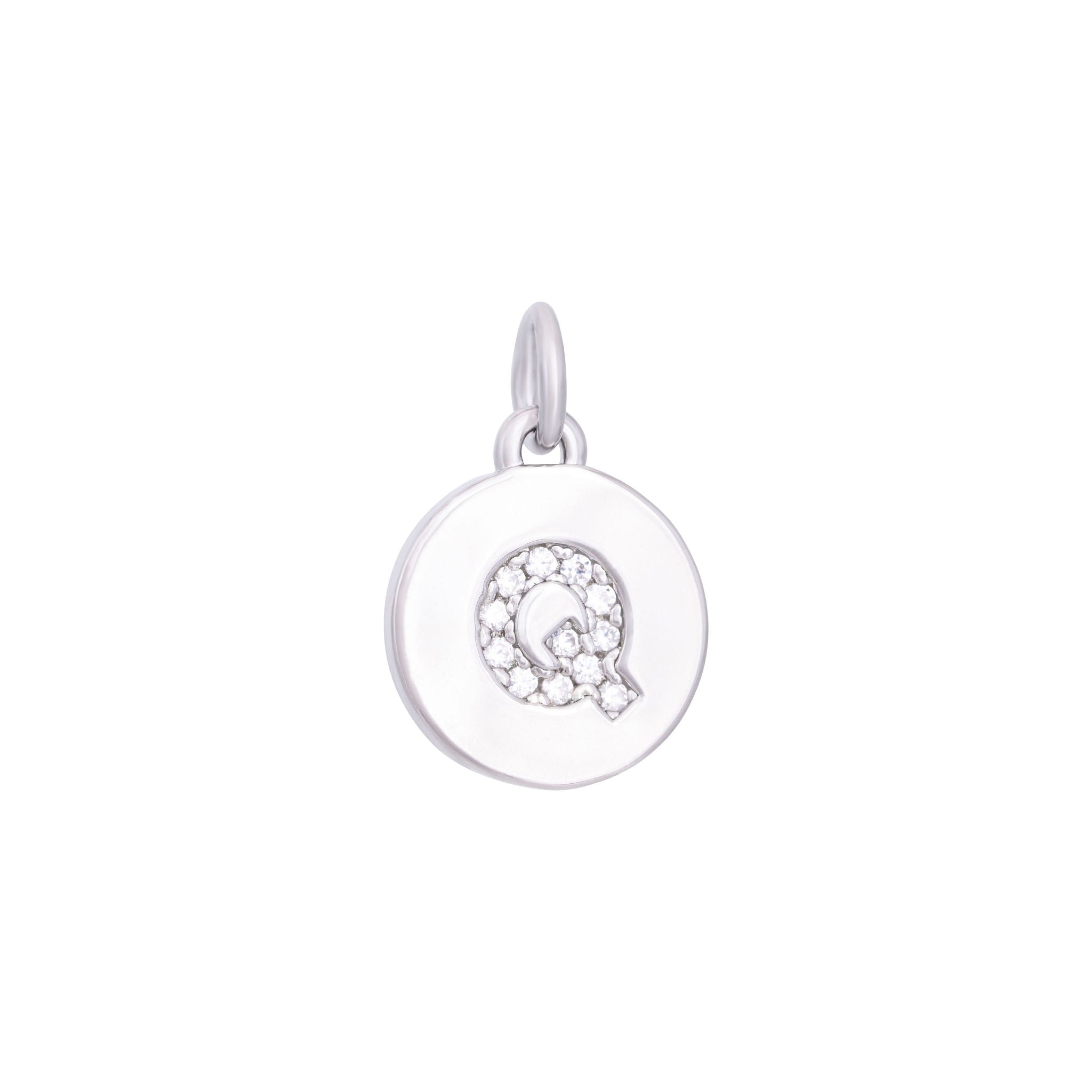 The Ends' Silver Zircon Letter Coin Charm (A) features a circular pendant with the letter "A" debossed, accented with zircons at the center, and includes a loop at the top for easy attachment to a necklace.