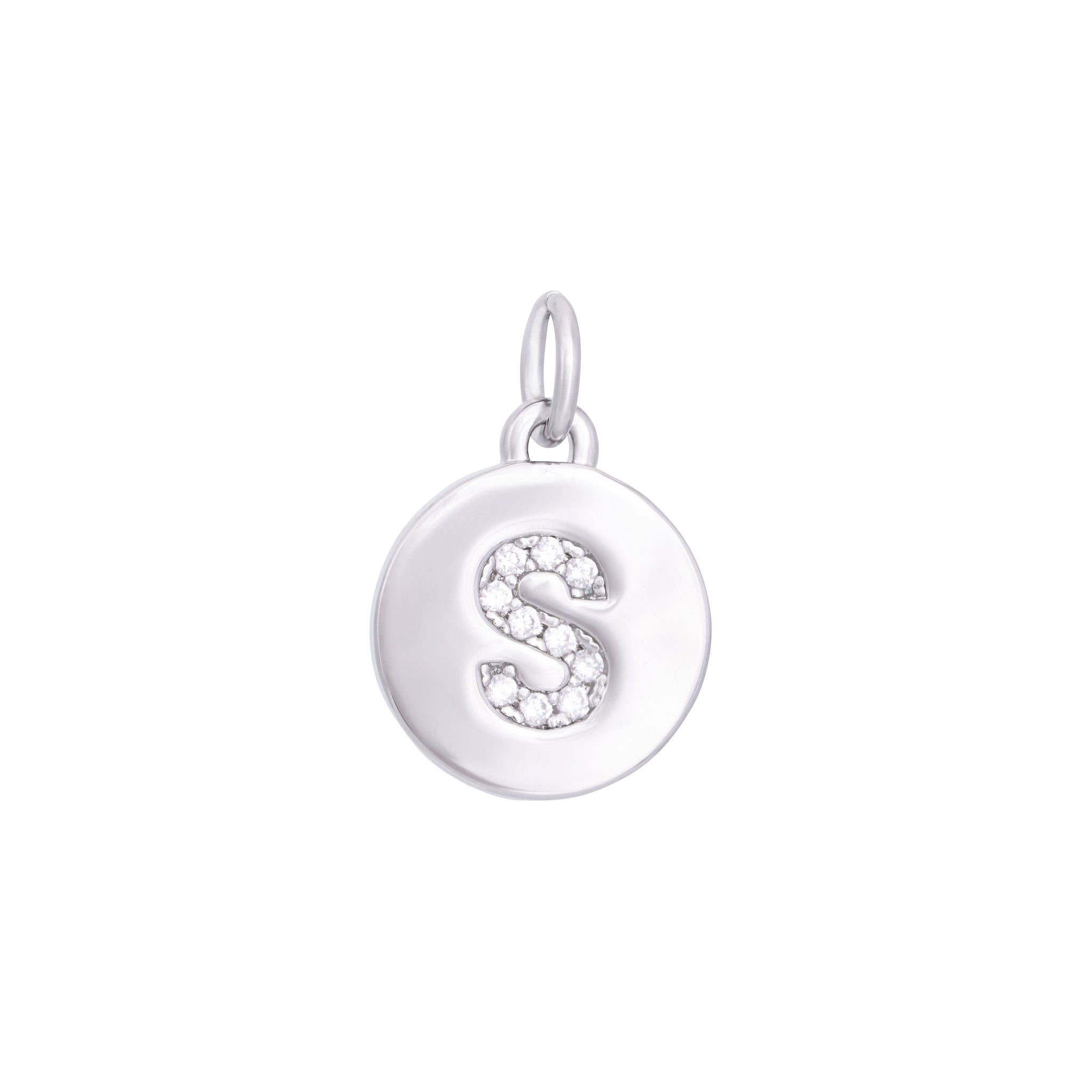 The Ends' Silver Zircon Letter Coin Charm (A) features a circular pendant with the letter "A" debossed, accented with zircons at the center, and includes a loop at the top for easy attachment to a necklace.