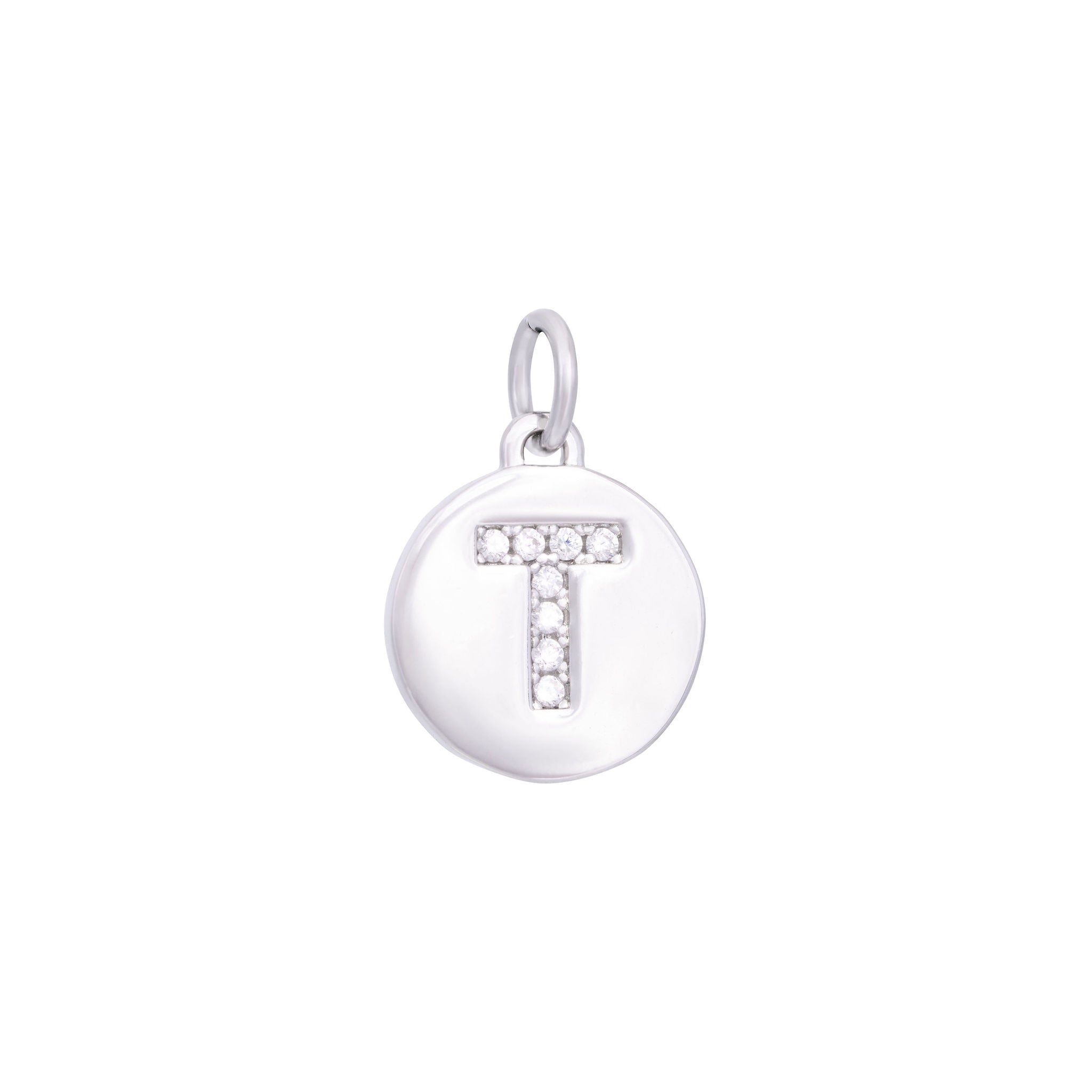 The Ends' Silver Zircon Letter Coin Charm (A) features a circular pendant with the letter "A" debossed, accented with zircons at the center, and includes a loop at the top for easy attachment to a necklace.