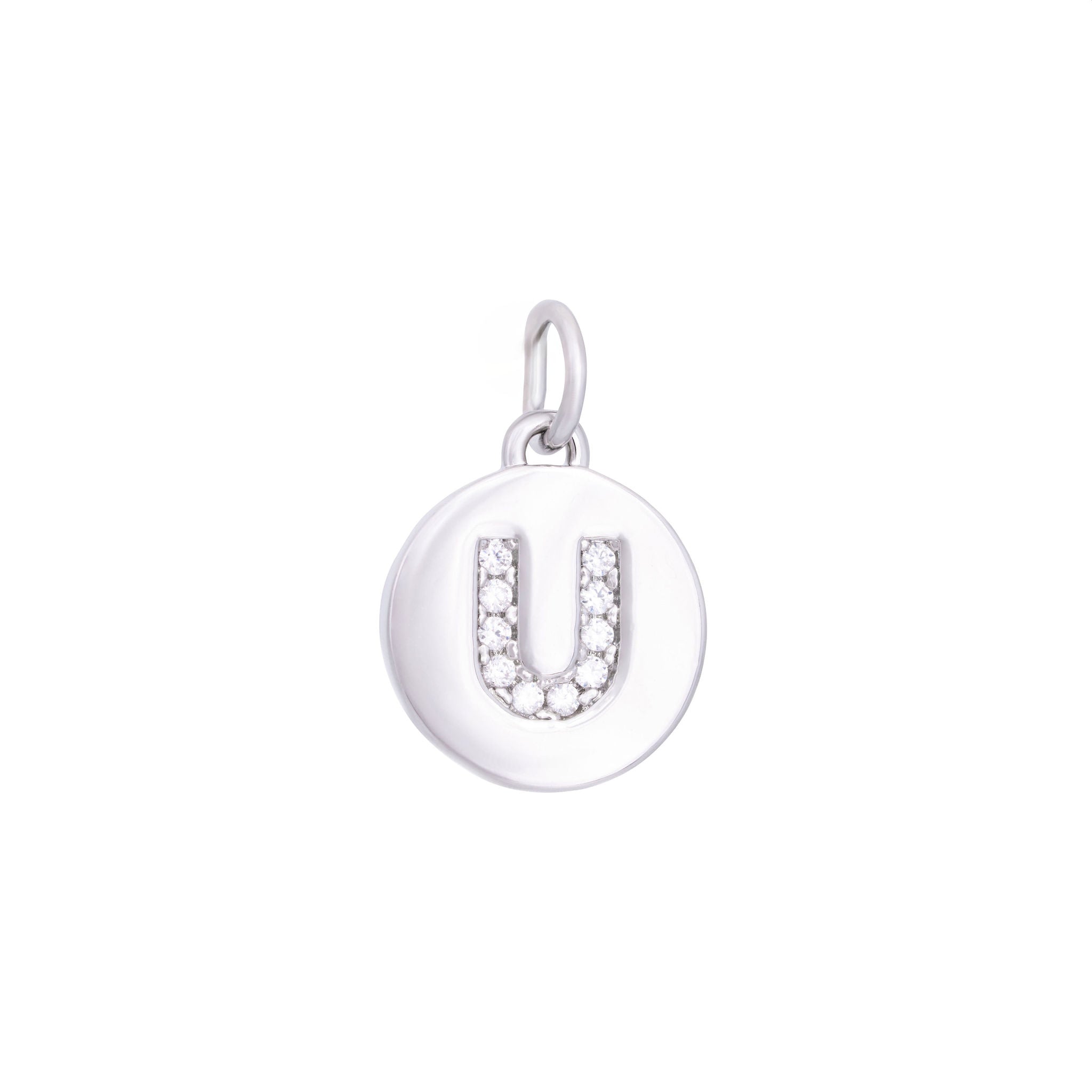 The Ends' Silver Zircon Letter Coin Charm (A) features a circular pendant with the letter "A" debossed, accented with zircons at the center, and includes a loop at the top for easy attachment to a necklace.