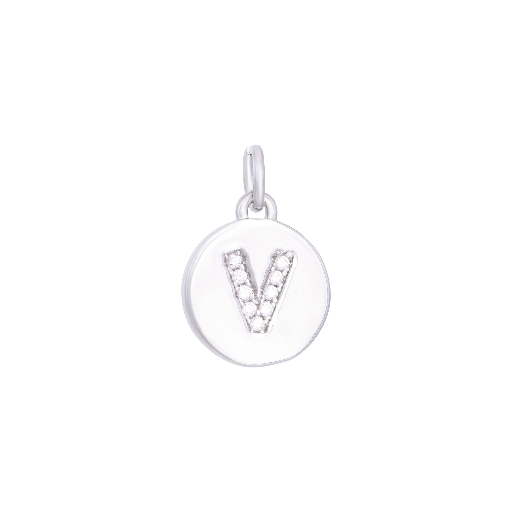 The Ends' Silver Zircon Letter Coin Charm (A) features a circular pendant with the letter "A" debossed, accented with zircons at the center, and includes a loop at the top for easy attachment to a necklace.