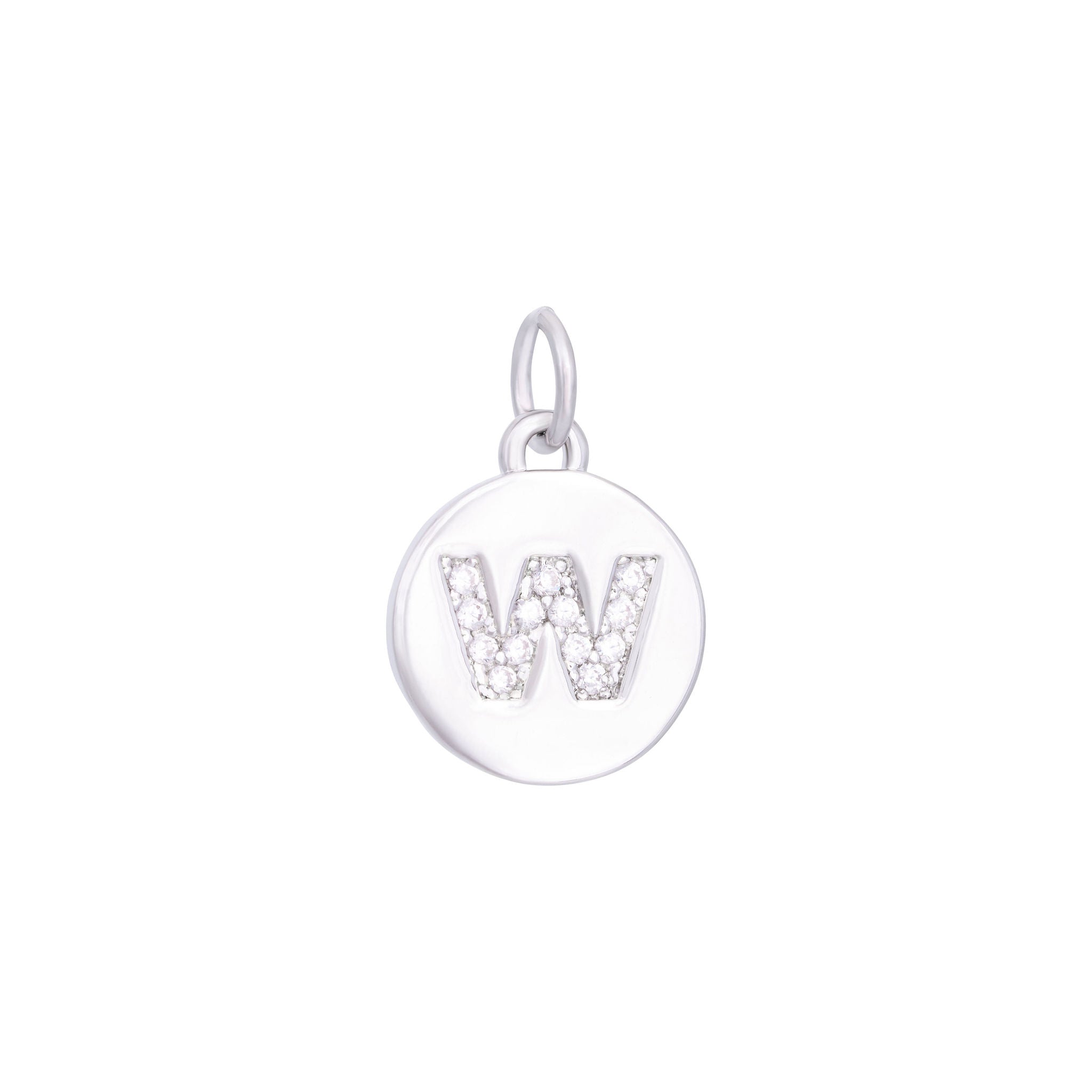 The Ends' Silver Zircon Letter Coin Charm (A) features a circular pendant with the letter "A" debossed, accented with zircons at the center, and includes a loop at the top for easy attachment to a necklace.