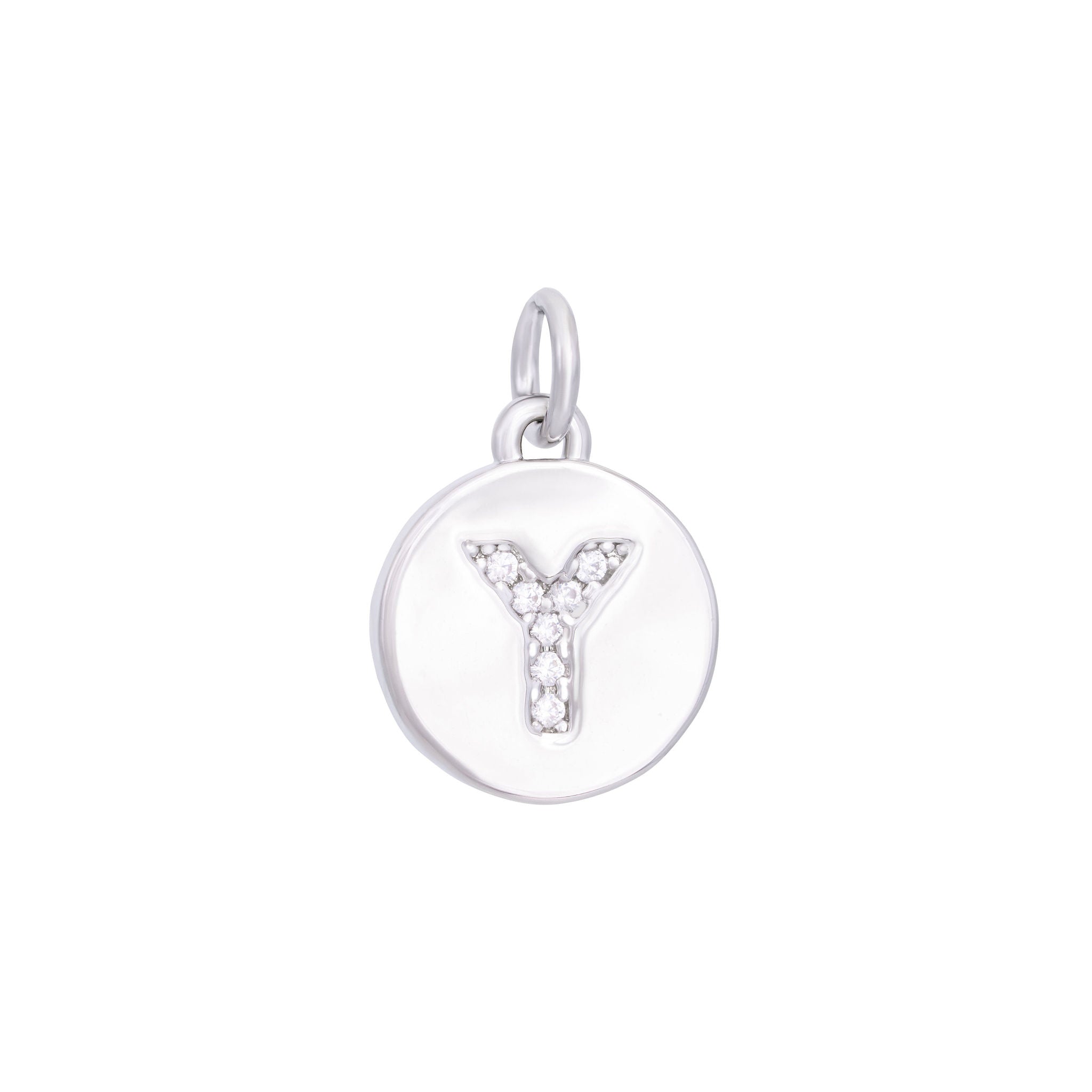 The Ends' Silver Zircon Letter Coin Charm (A) features a circular pendant with the letter "A" debossed, accented with zircons at the center, and includes a loop at the top for easy attachment to a necklace.