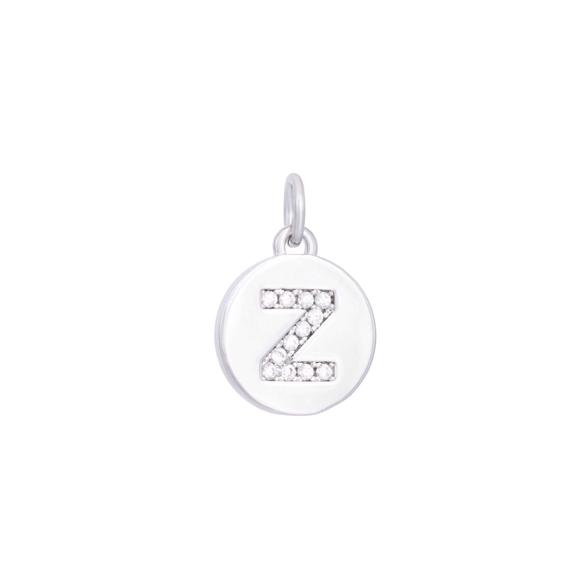 The Ends' Silver Zircon Letter Coin Charm (A) features a circular pendant with the letter "A" debossed, accented with zircons at the center, and includes a loop at the top for easy attachment to a necklace.